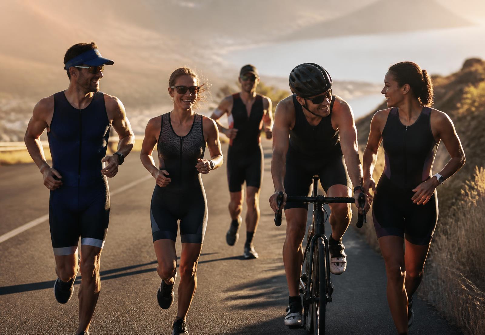 Amateur triathletes training together at golden hour